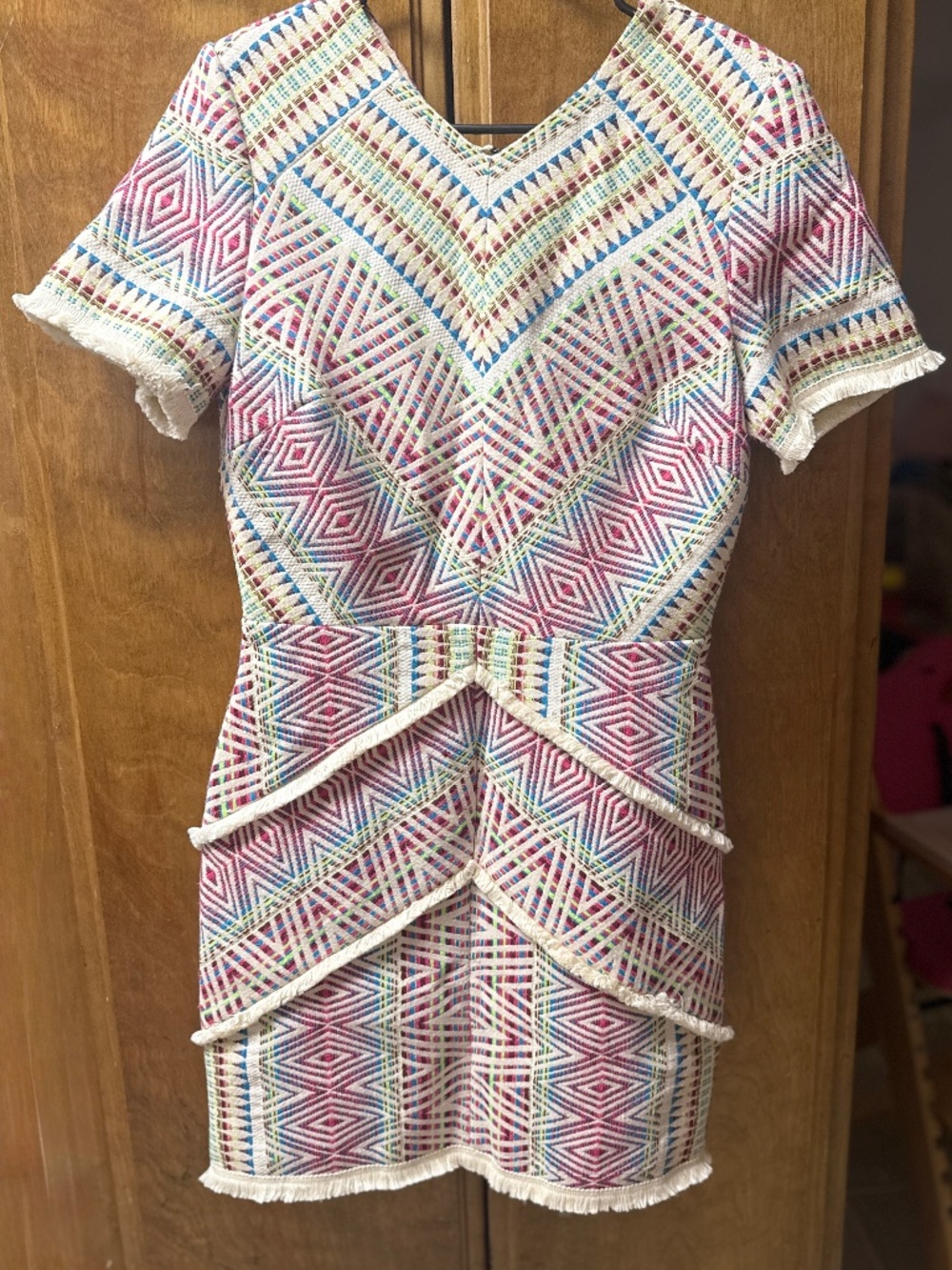 Adelyn Rae Geometric Aztec Fringe Mini Dress Size M Multicolor Cutout Back Zip